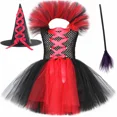 thumbnail image 5 of Disfraz de bruja malvada para Halloween para niños, fiesta de carnaval, disfraces de niñas, vestido de tutú de bruja malvada con sombrero y escoba mágica, 5 of 5