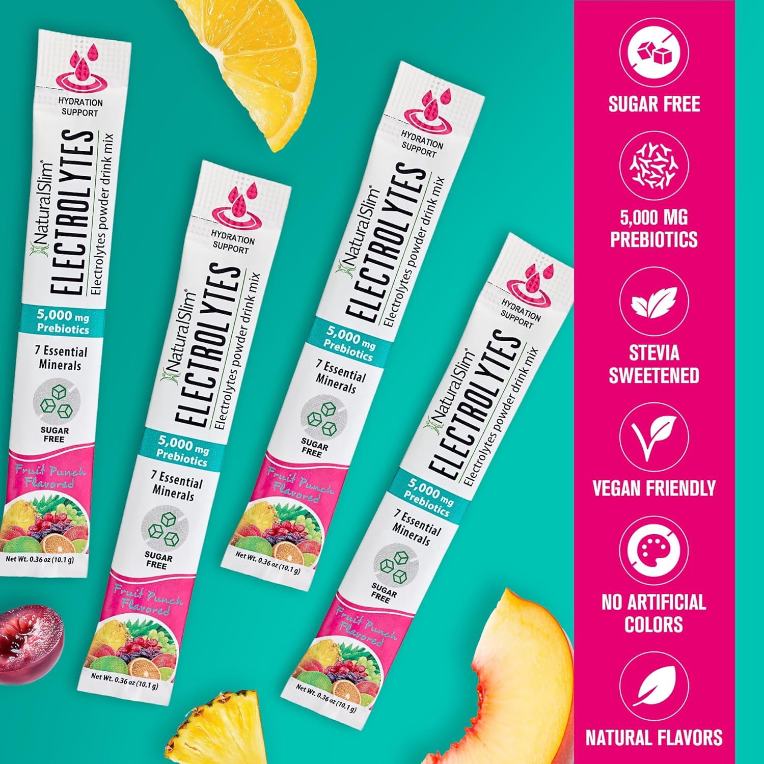 NaturalSlim Electrolytes Powder, Sugar-Free Hydration & Energy Drink Mix with Prebiotics, Fruit Punch, 16 Stick Packs (5.7 oz)