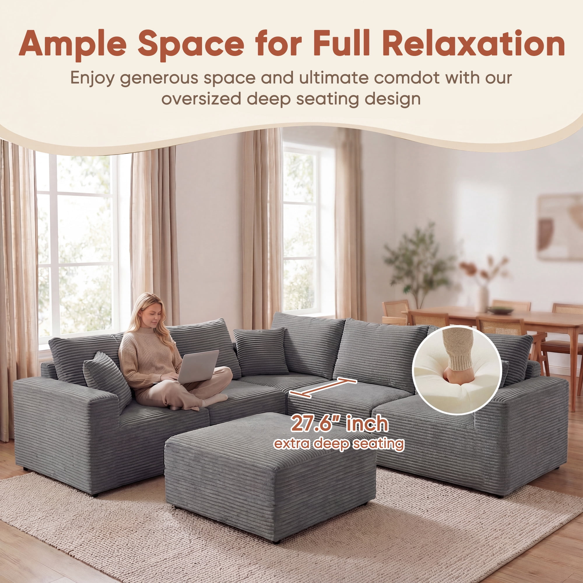 Homall Modular Corduroy Sofa, Sectional Couch with Convertible Modules, Modern Minimalist Sofa Set for Living Room, Freely Combinable Sofa Furniture, Grey