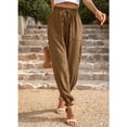 thumbnail image 4 of Pantalones largos de cintura alta para mujer, color puro, elásticos, 2 bolsillos, sencillos, cómodos, de color liso, con lazo en el tobillo, color marrón L, 4 of 8