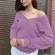 thumbnail image 4 of Gibobby Suéter de invierno para mujer, Suéter de punto acanalado para mujer, estilo informal, de otoño, de manga larga, con cuello en V, para otoño(Morado,CH), 4 of 5