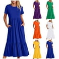 thumbnail image 5 of qucoqpe Women's Summer Casual Short Sleeve Crewneck Swing Dress Flowy Tiered Maxi Beach Dress with Pockets, 5 of 5