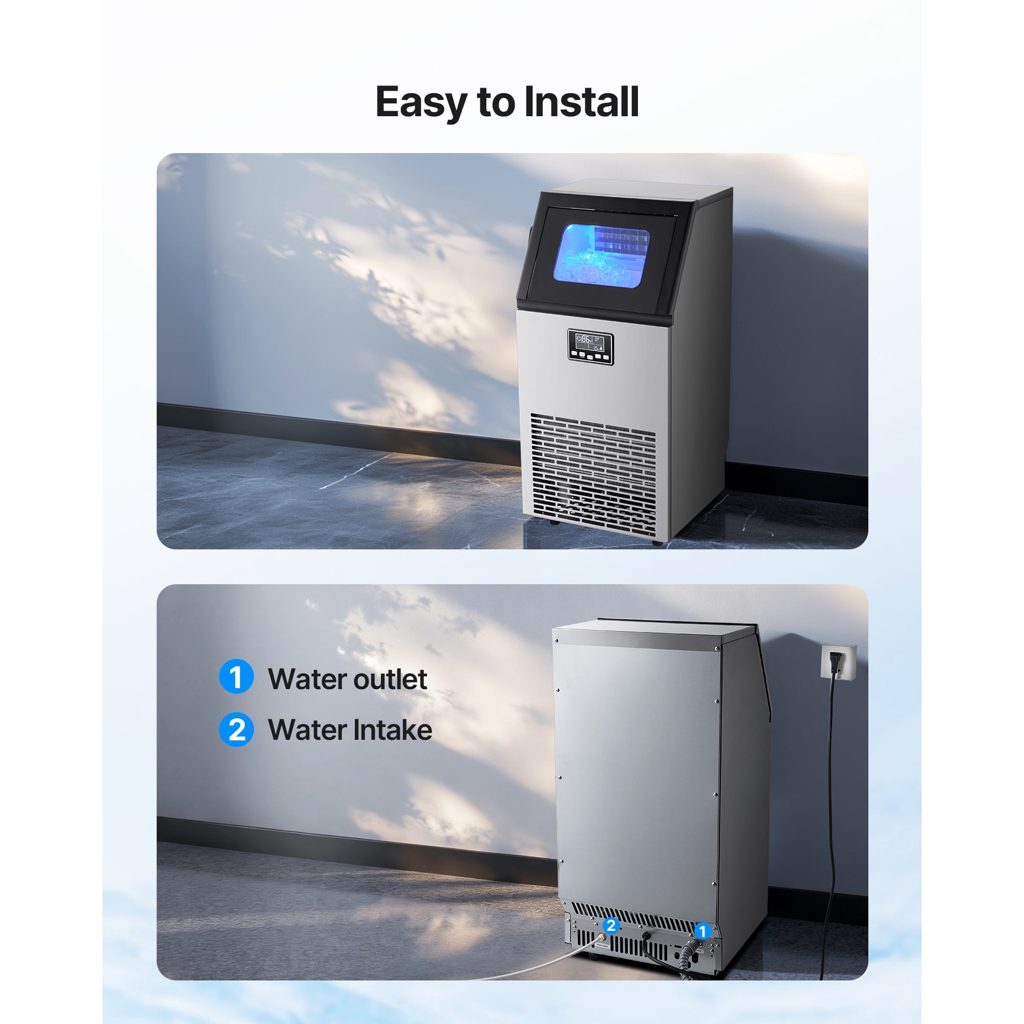 KFFKFF Commercial Ice Maker Machine, 100 lbs/24h Output with 28 lbs Storage, Produces 45 Cubes per Cycle, Stainless Steel Design for Freestanding or Under-Counter Use, Features LED Display