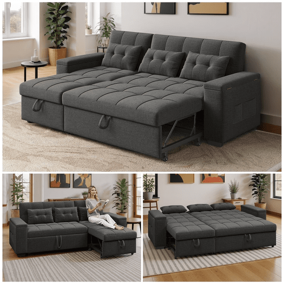 Zocalo Sofá Cama Seccional 3 en 1 de 3 Plazas con Chaise Reversible, Cama Extraíble, Respaldo Ajustable y Almacenamiento, 220*129*86cm, Gris Oscuro
