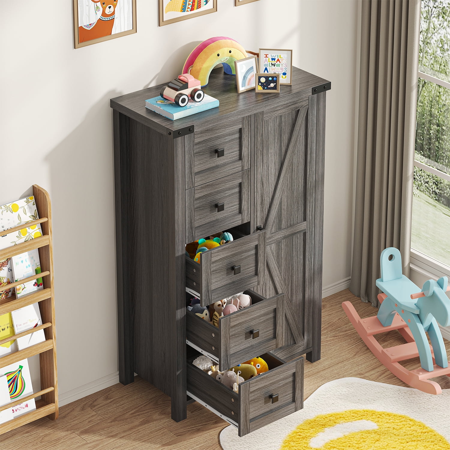 Winkalon 5 Drawers Dresser Chests for Home Bedroom, Farmhouse Wood Rustic Tall Chest of Drawers, Pull Storage Cabinet,Grey