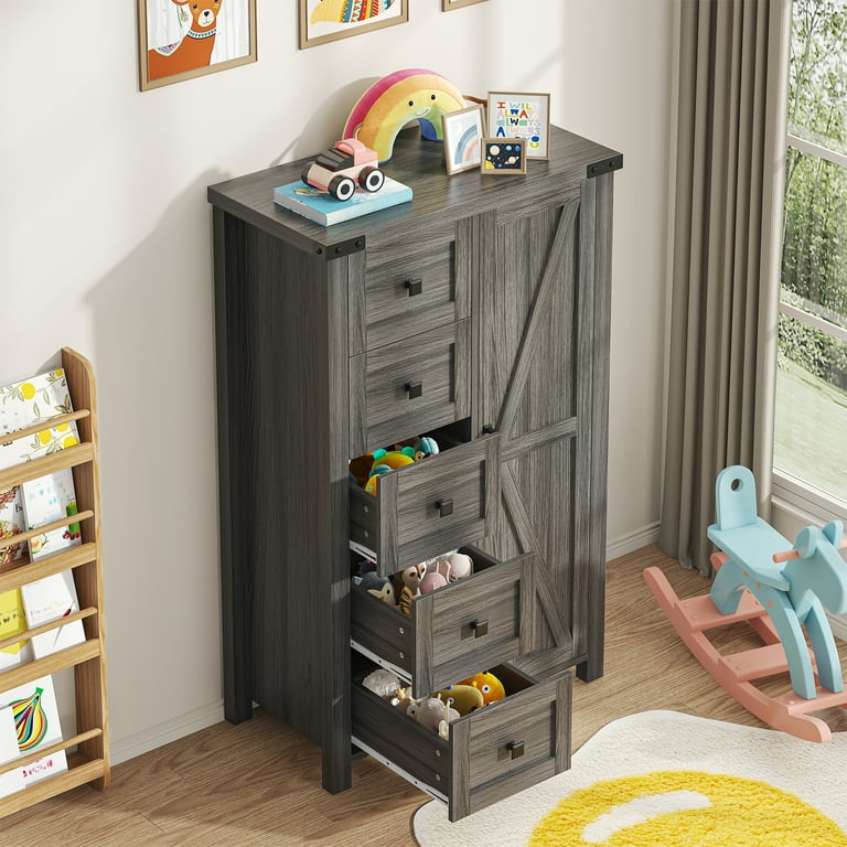 Winkalon 5 Drawers Dresser Chests for Home Bedroom, Farmhouse Wood Rustic Tall Chest of Drawers, Pull Storage Cabinet,Grey