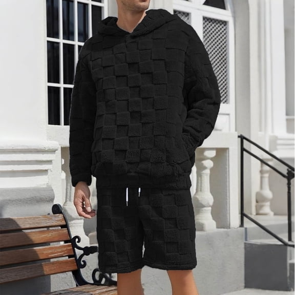 Yusimy Men's Solid Color 2-Piece Fuzzy Hoodie Short Set Long Sleeve Elastic Waistband Drawstring Casual Warm