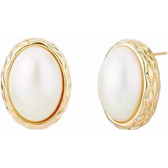 White Pearl Stud Earrings Pearl Ear Studs Gold Plated Oval Stud Earrings Imitation Pearl Earrings Classic Elegant Studs Earrings Jewelry DIY
