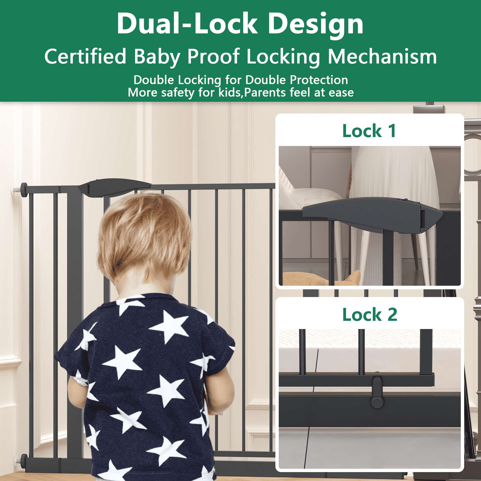 LuckyNote Adjustable Dog Gate for Stairs & Doorways, 29.5-44.1" Wide Pressure Mounted Pet Gate, No Drilling Easy Walk Through Safety Gate – Black