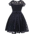 thumbnail image 2 of Big Girls' Short Sleeve Lace Glitter Skater Pearl Belt Special Occasion Flower Girl Dress Navy 12 (J21KS02), 2 of 3