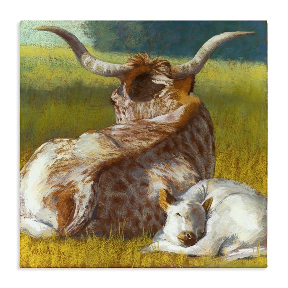 Stupell Industries Farmhouse Longhorn Cattle Calf Resting Canvas Art, 30 x 30, by Rita Kirkman