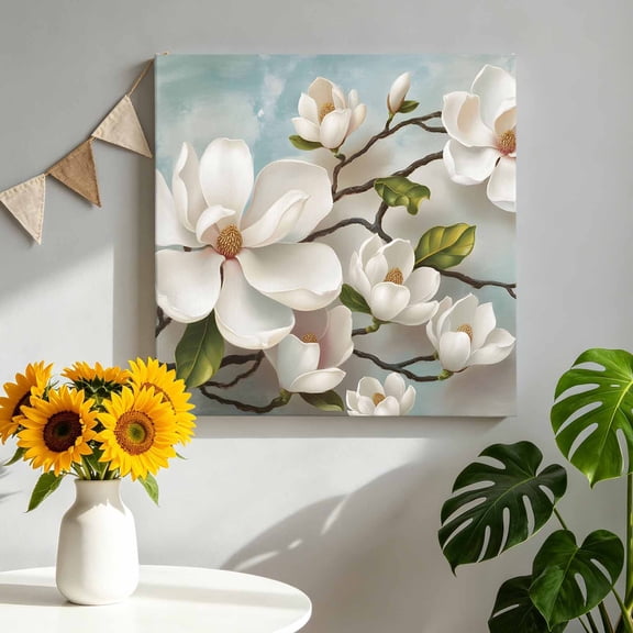 Canvas Wall Art Magnolia Farmhouse Canvas Art Print White Floral Vintage Pastoral Botanical Pictures Wall Decor for Living Room Bedroom Artwork Decorations Stretched Framed Ready to Hang 10"x10"