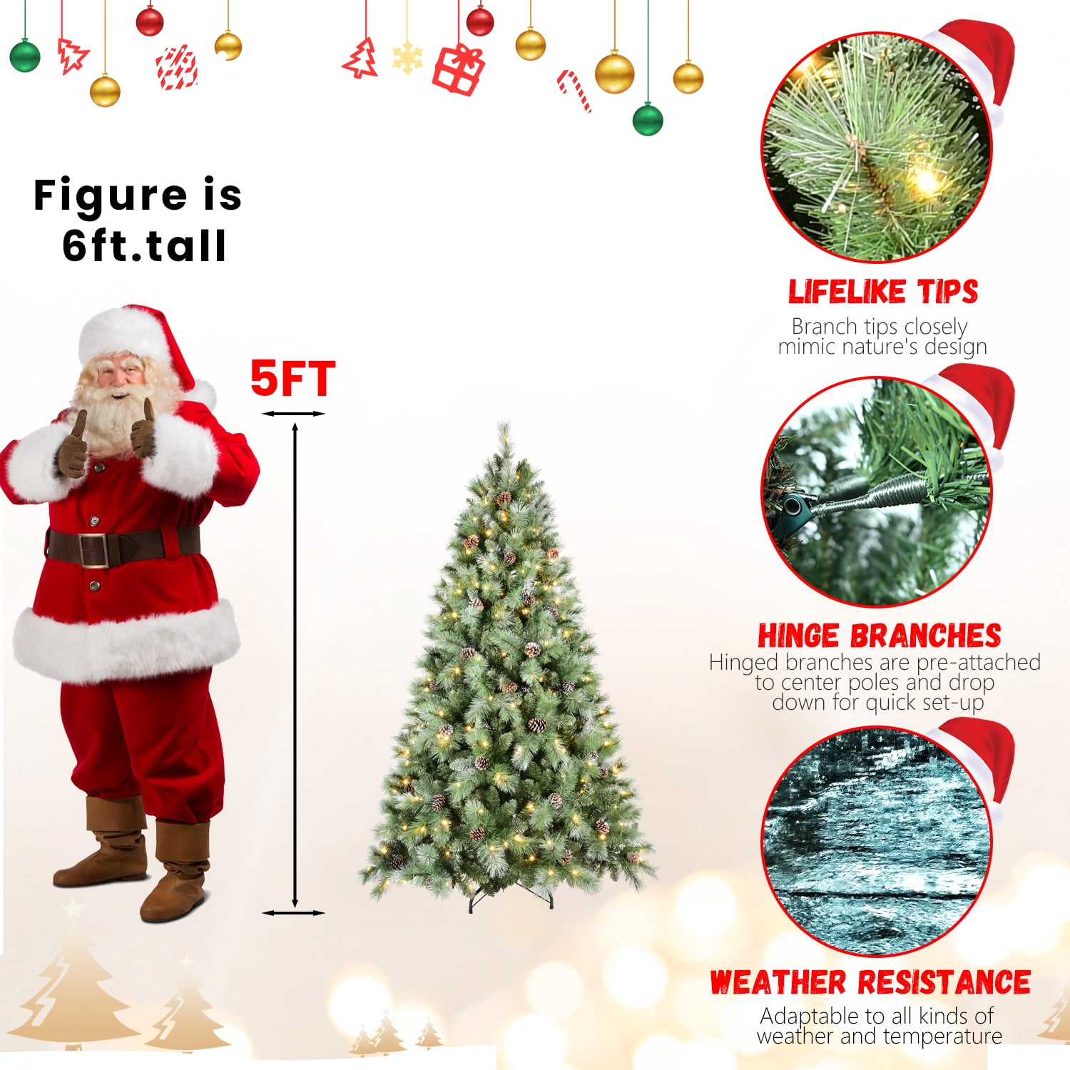 7.5ft Prelit Flocked Christmas Tree 1858 Tips 102 Pine Cones 550 LED Lights Hinged Branches Metal Stand