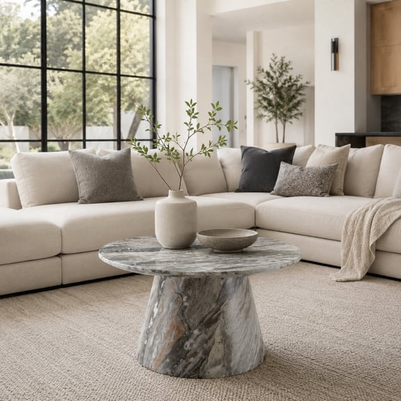 Ciphrias Round Coffee Table, 24 inch Grey Marble Look MDF with Pedestal Base for Living Room