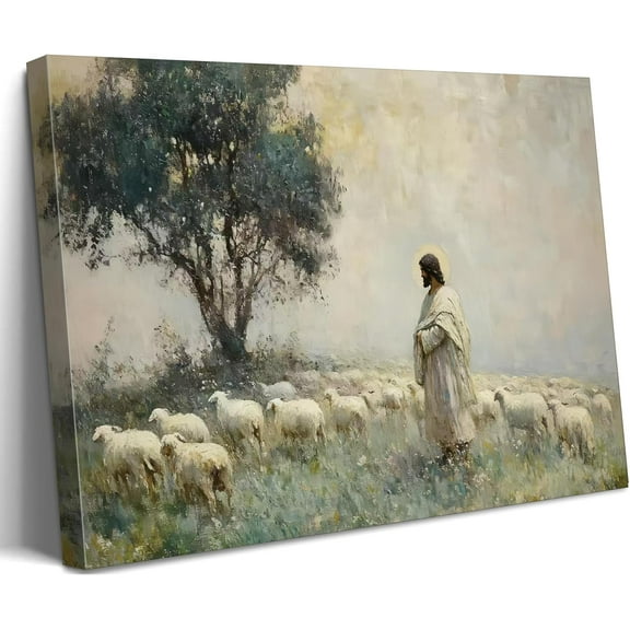 Hieng Jesus and Lamb Canvas Wall Art Jesus Saves the Lost Lamb Picture Wall Decor Jesus Protect a Lamb from Wolves Painting Print Christian Poster Artwork for Living Room Bedroom Church Home Decor