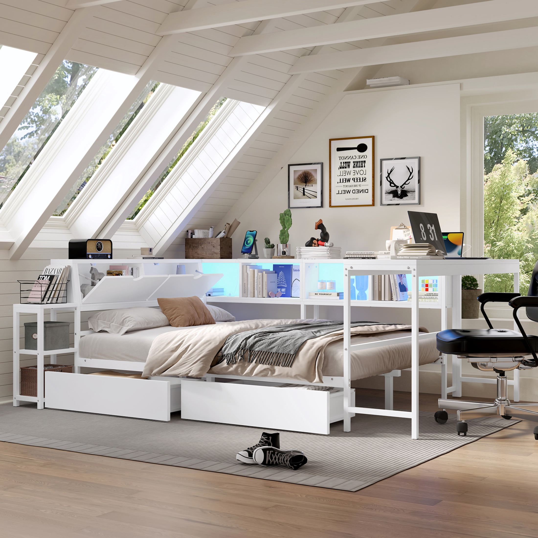 Noble House Heliox Full Reversible Corner Bed Frame with Bookcase and Drawers, LED Light, Charging Station, White