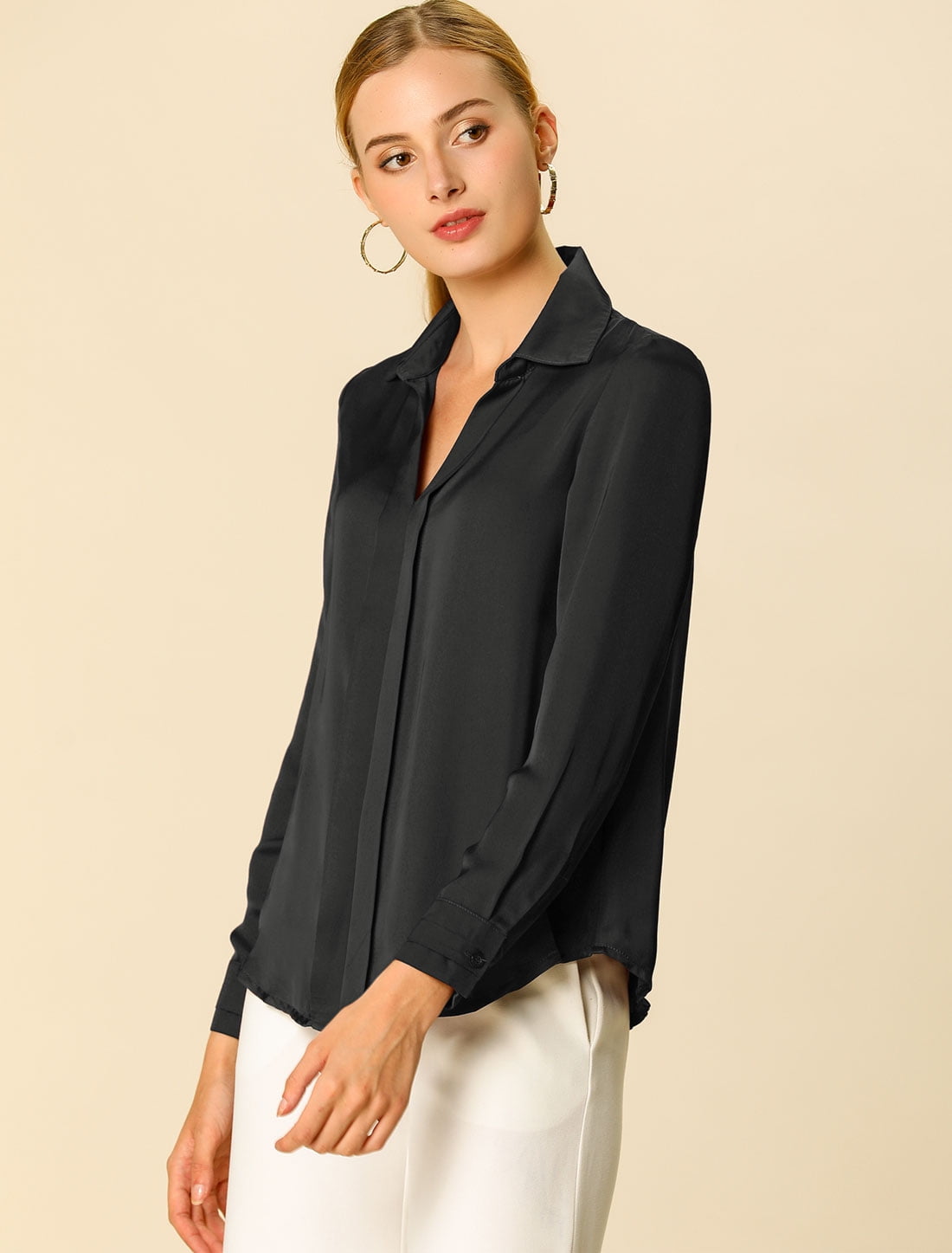 DARING DIVA Women's V Neck Classic Work Office Long Sleeve Shirt XXL Black