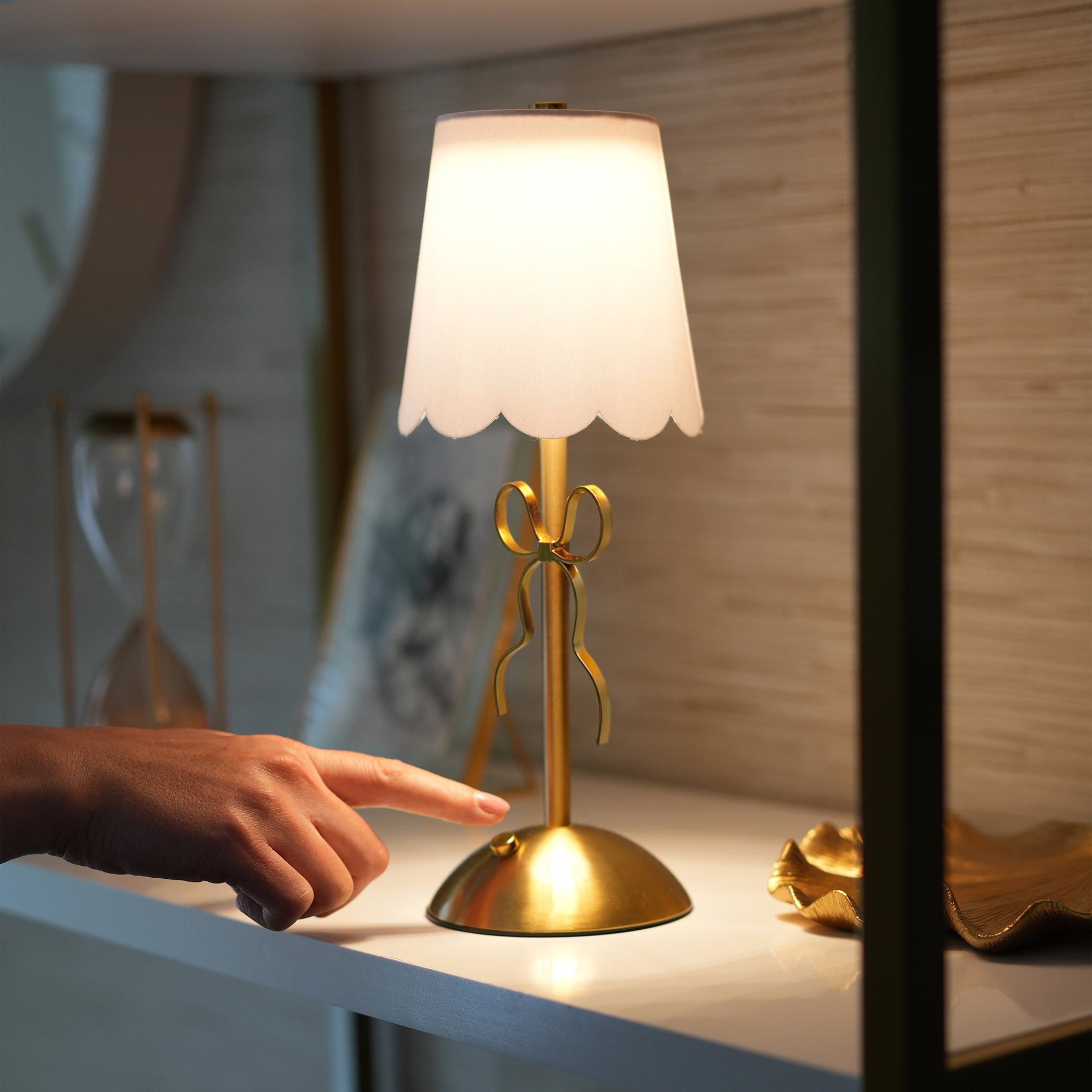 Home Decor Collection Sterling & Noble Home  Tabletop LED Touch Lamp with Scalloped White Fabric Shade and Gold Metal Bow Accent