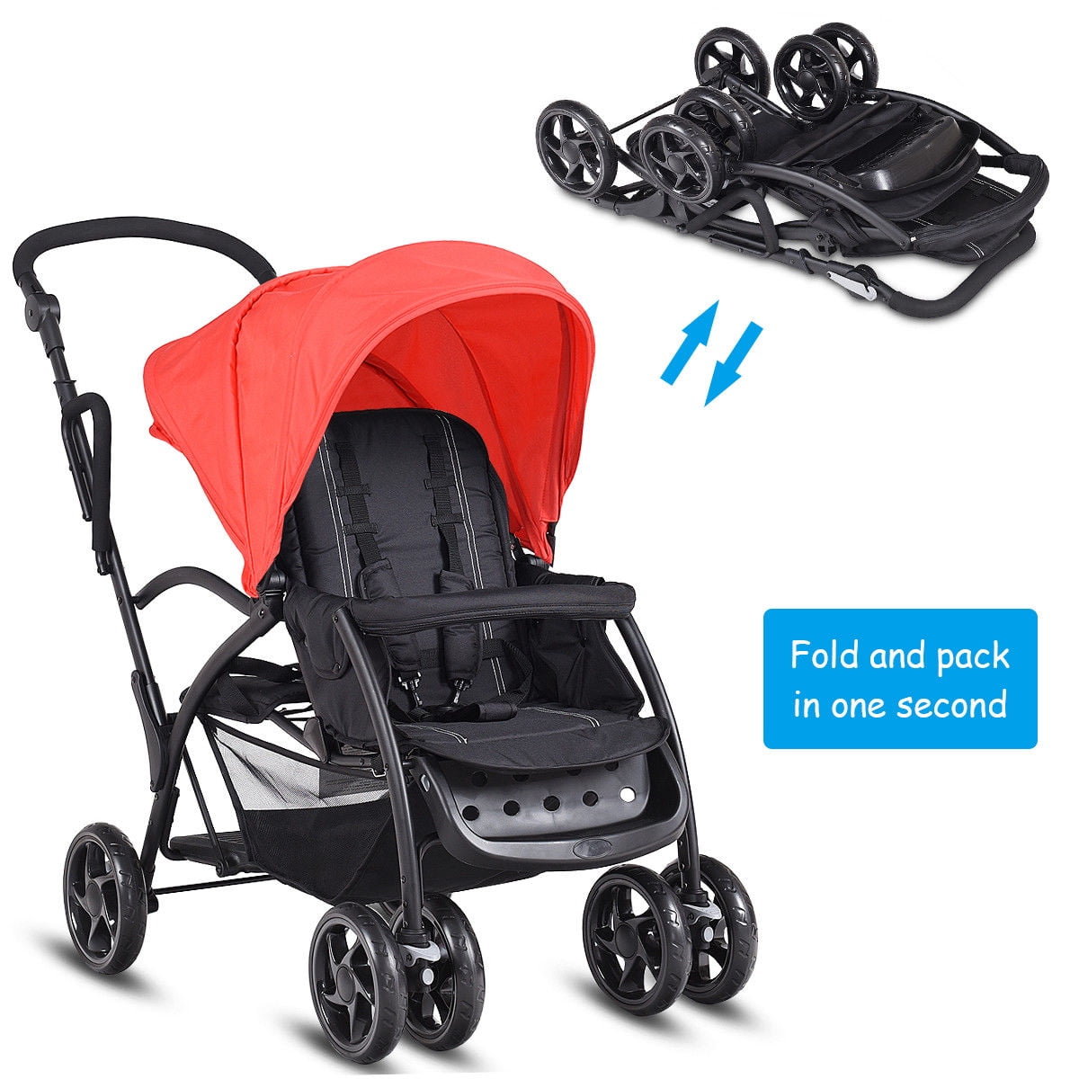 Folding Baby Sit and Stand Ultra Tandem Stroller Pushchair Double Kids Red