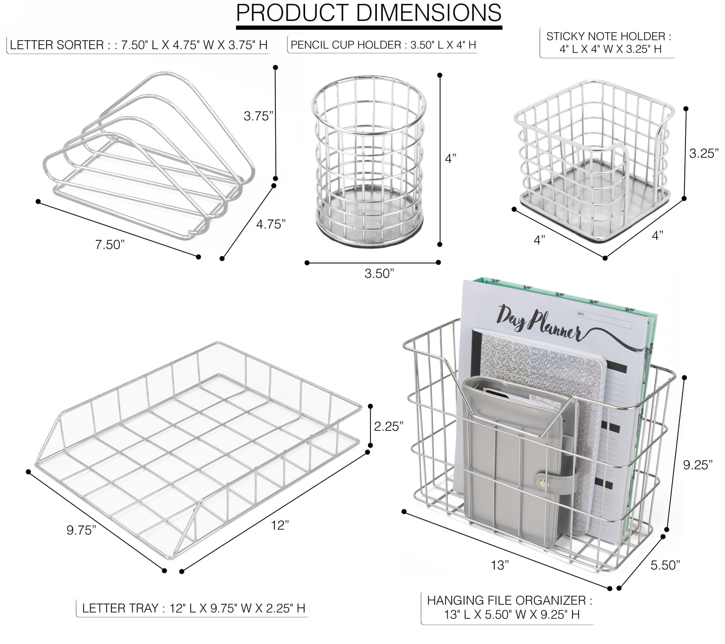Wire Metal 5 in 1 Desk Organizer Set, Silver