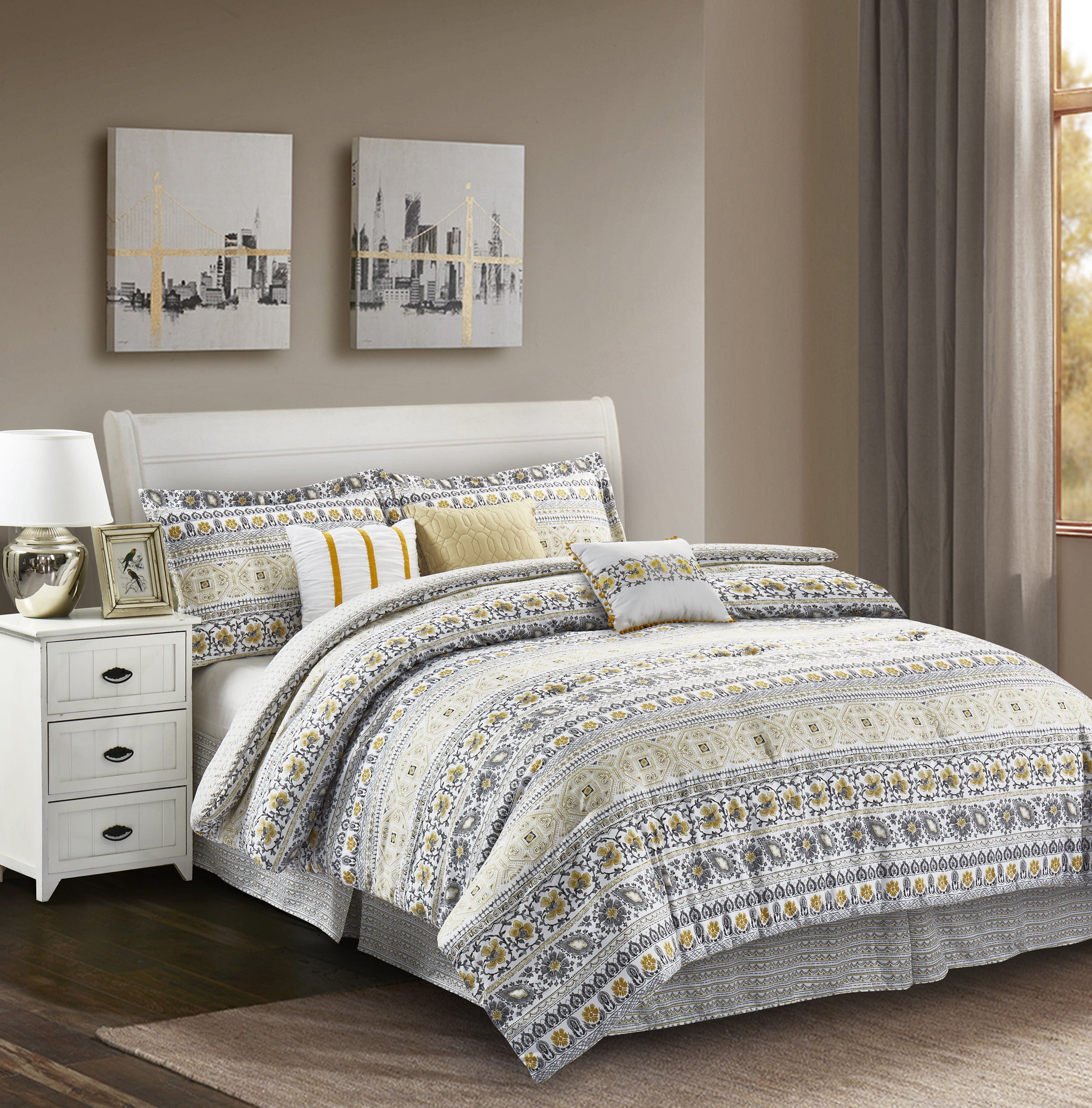 R2Zen™ Chloe Yellow Floral Stripe 7-Piece King Comforter Set with