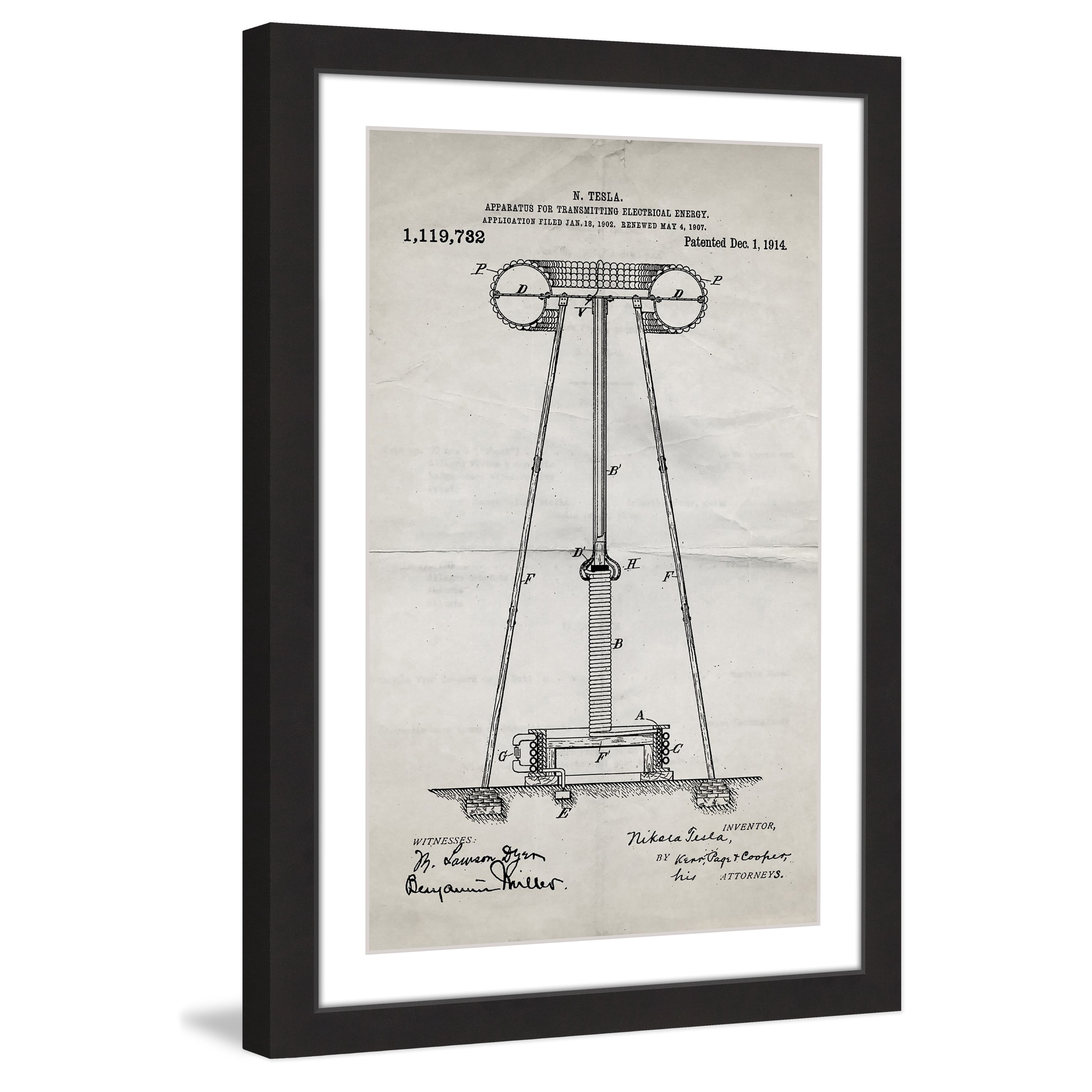 Marmont Hill - "Tesla Coil 1914 Old Paper" by Steve King Framed Painting Print