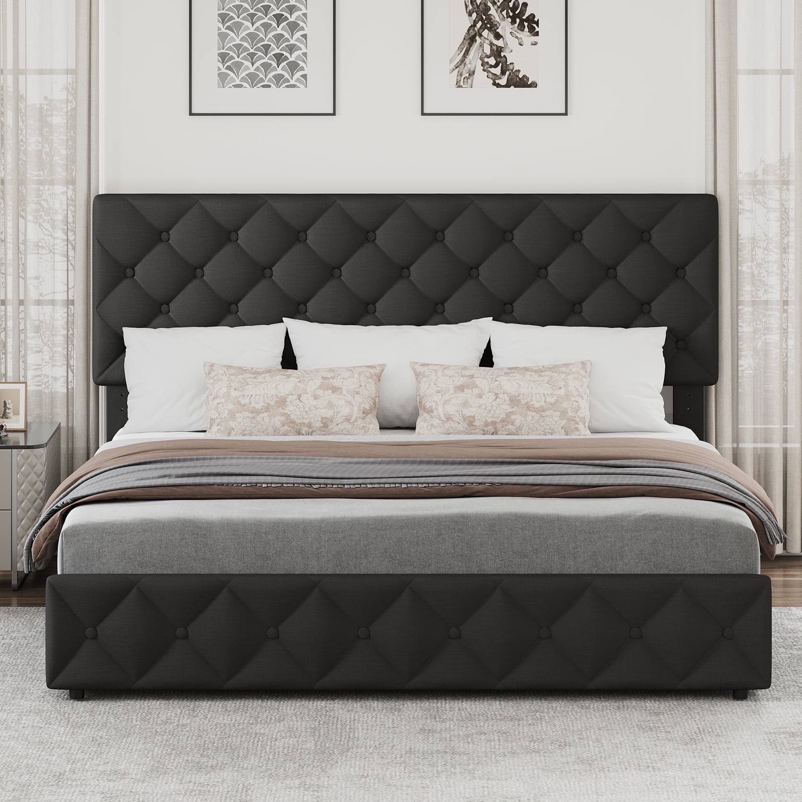 Upholstered Queen Platform Bed Frame with 4 Storage Drawers Adjustable Headboard, PU Leather Platform Storage Bedframe with Button Tufted, Wooden Slats Support, No Box Spring Needed, Noise-Free