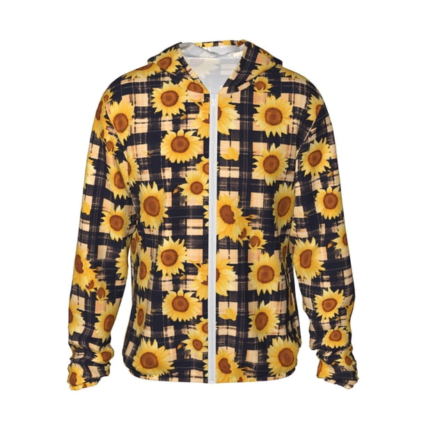 Fotbe Vintage Black White Plaid Sunflowe Chaqueta con Protección Solar UPF 50+ para Hombre y Mujer, Camisa con Capucha y Bolsillos-Medium