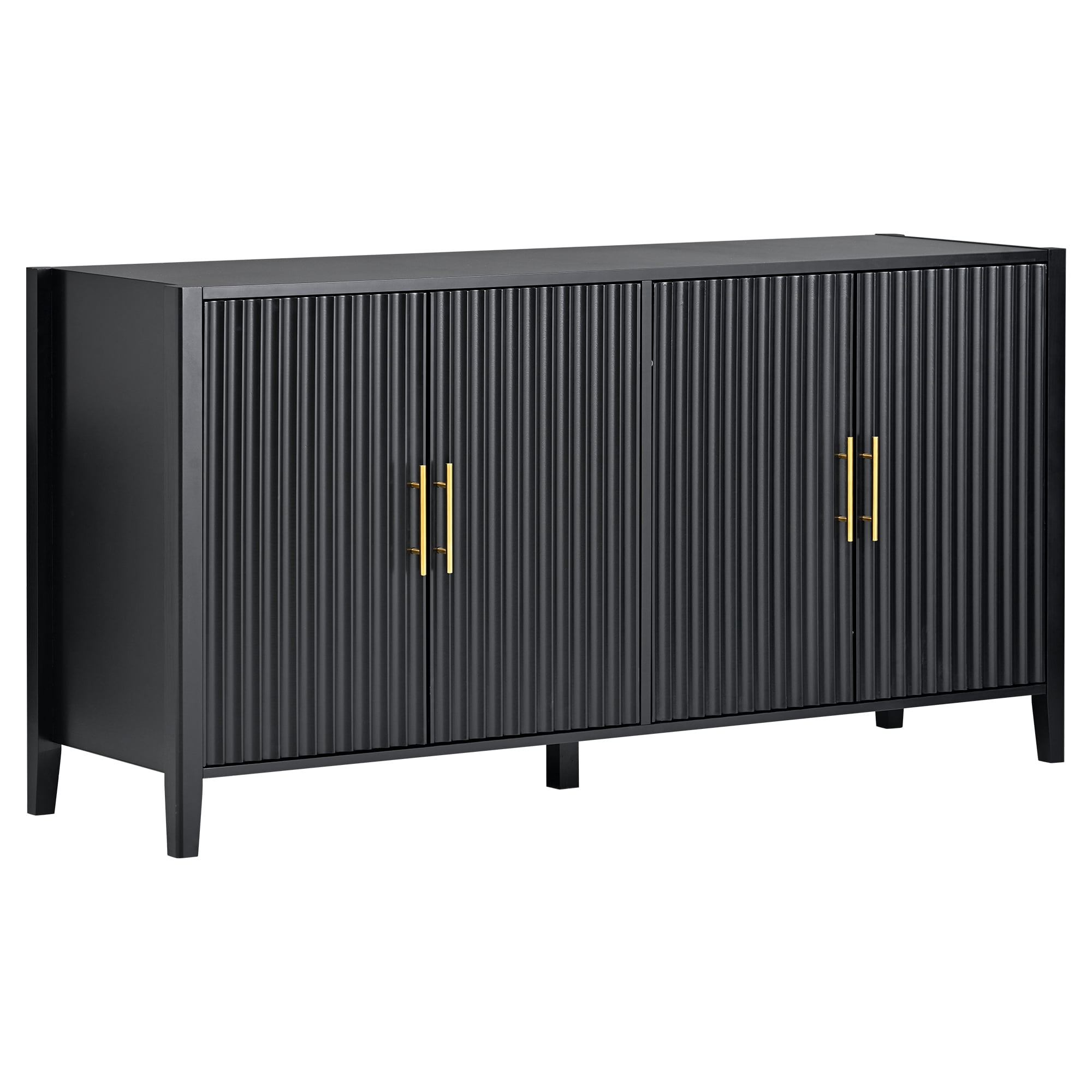 Mintazer 61" Fluted Sideboard Buffet Cabinet with 4 Door, Modern Wave Slatted Storage Credenza with Gold Metal Handles for Dining Room Living Room Entryway, Black