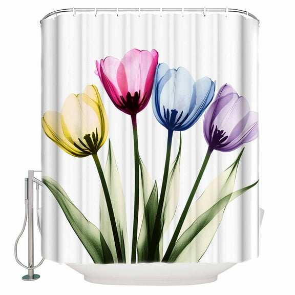 Tulip Flower Shower Curtain, 48" x 72", Color Floral Transparent Vintage Waterproof Bathroom Curtain Washable Shower Curtain Set with 12 Hooks