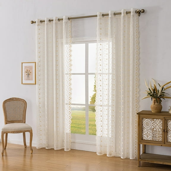 Sunyuer 2 Panels Flowers Sheer Curtains Floral Semi Sheer Embroidered Curtains & Drapes for Bedroom Living Room