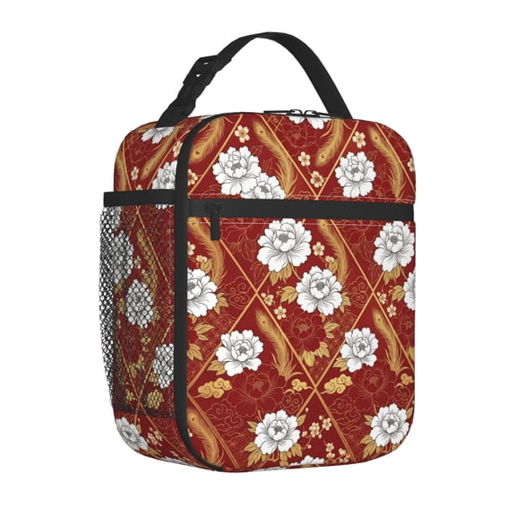 White Rose Lunch Bag Insulated Reusable Cooler Tote Portable Meal Prep Bag Side Mesh Pocket Work Office Picnic