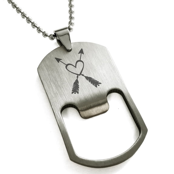 Stainless Steel Heart + Arrows Engraved Bottle Opener Dog Tag Pendant Necklace