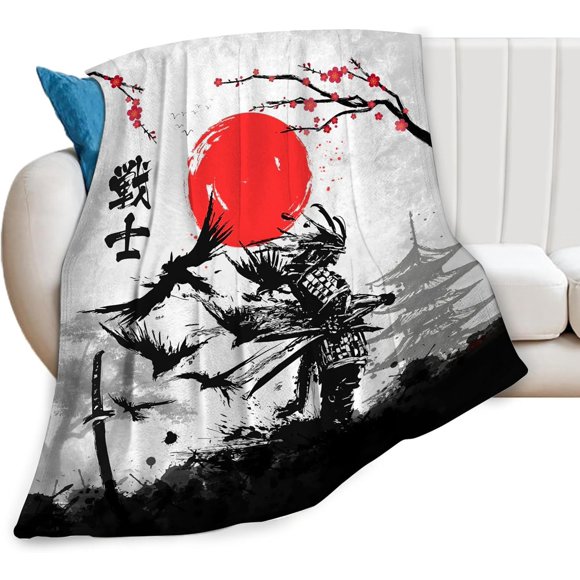 Japanese Blanket Cherry Blossom Throw Blankets Black and White Japen Stuff Gifts for Men Women Boys Girls Adults Fleece Flannel Blanket Plush Bedding for Couch Sofa Bed Room Decor 50"x60"