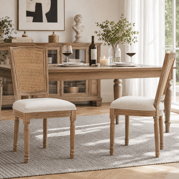 Farmhouse Solid Wood Dining Chairs with Rattan Wide Backrest, Beige, Set of 2