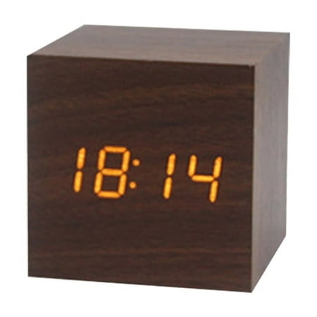 Necvior Wood Cube Voice Control Alarm Clock Bedside Table Square Clock Multipurpose for Children Bedroom Dormitory