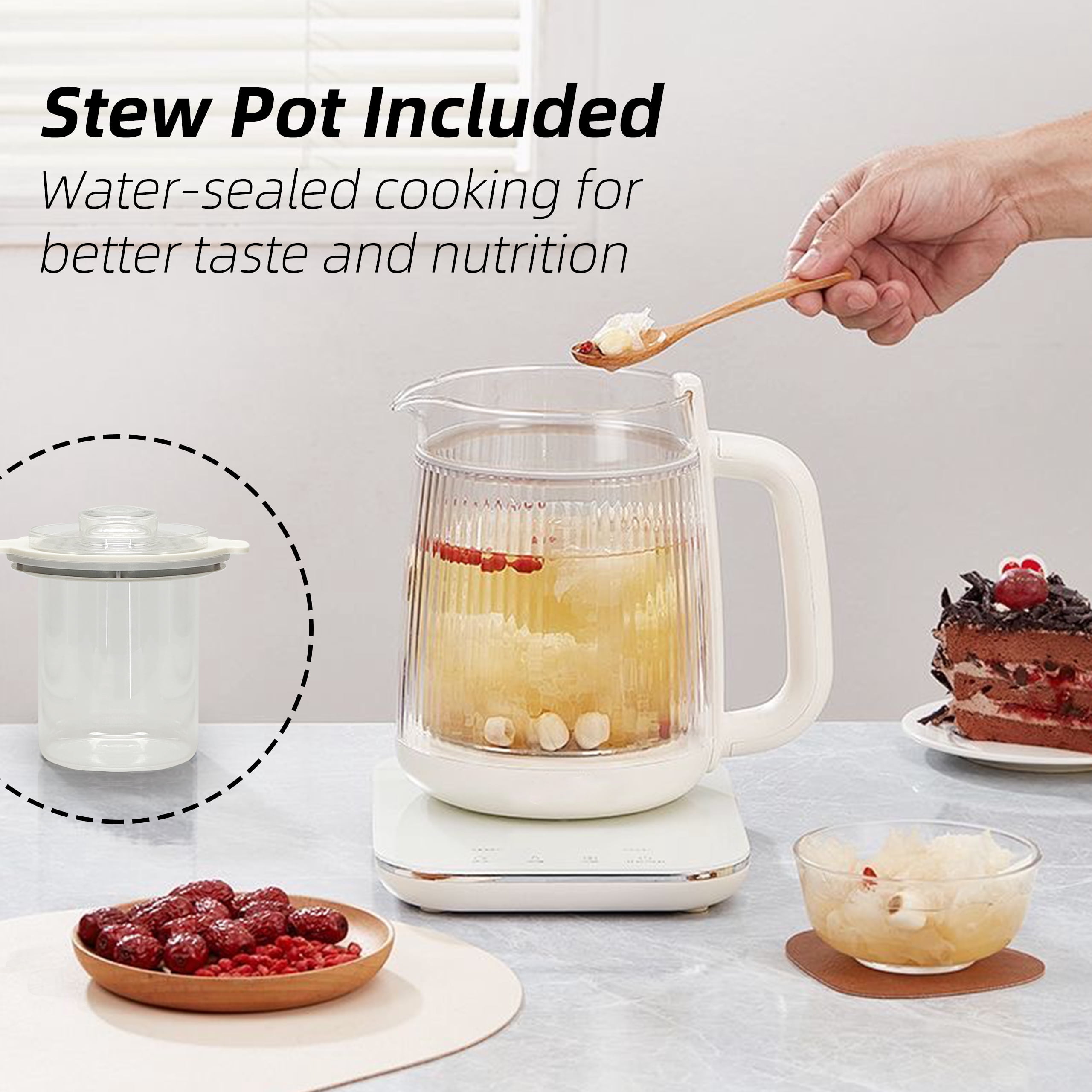 Health Pot, 1.5L Double-Layer Glass Electric Kettle with Stew Pot, 9-in-1 Multi-Function Tea Maker for Soup, Porridge, Herbal Tea, Stainless Steel Base, Glass Touch Panel, Programmable