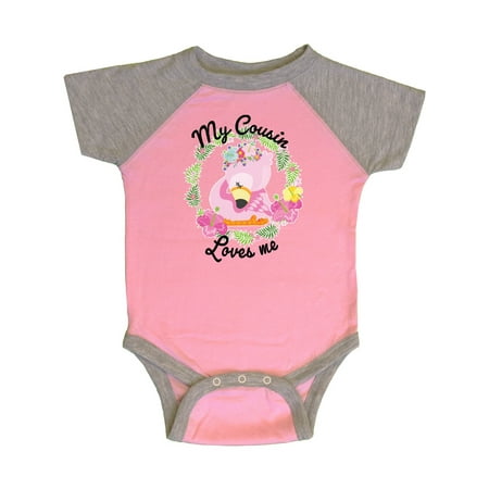 

Inktastic Baby Flamingo My Cousin Loves Me with Flower Wreath Gift Baby Boy or Baby Girl Bodysuit