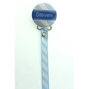 Personalized Name Light Blue Diagonally Striped Pacifier Clip
