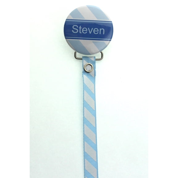 Personalized Name Light Blue Diagonally Striped Pacifier Clip