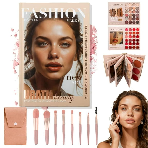 67 Pro Color Makeup Book Palette, 5-Layer Professional Kit with Eyeshadow Blush Highlighter Bronzer, Complete Portable Travel Makeup Set with 8 Brush Set (8 * pink makeup brush set)