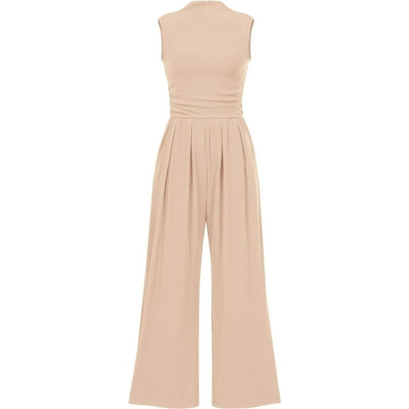 Womens Summer One Piece Sleeveless Mock Neck Wide Leg Pants Rompers With Pockets