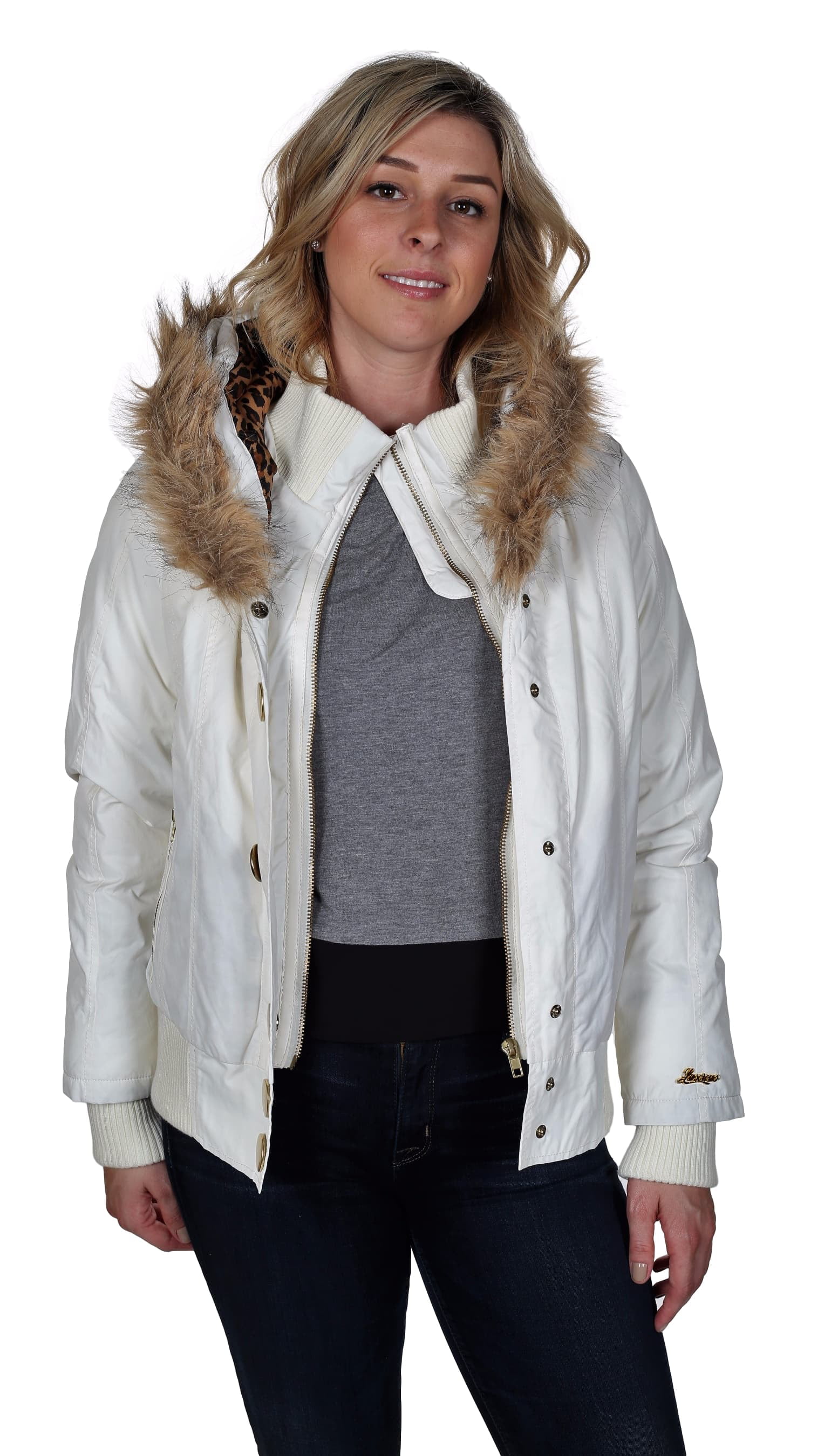 LUSCIOUS By Rebecca Ford Women's Fur Hood Nylon Padded Jacket White ...