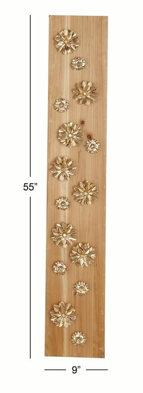Decmode 55 X 9 Inch Natural Wood And Metal Light Gold Petaled Flowers Rectangular Wall Decor, Metallic, Natural Wood