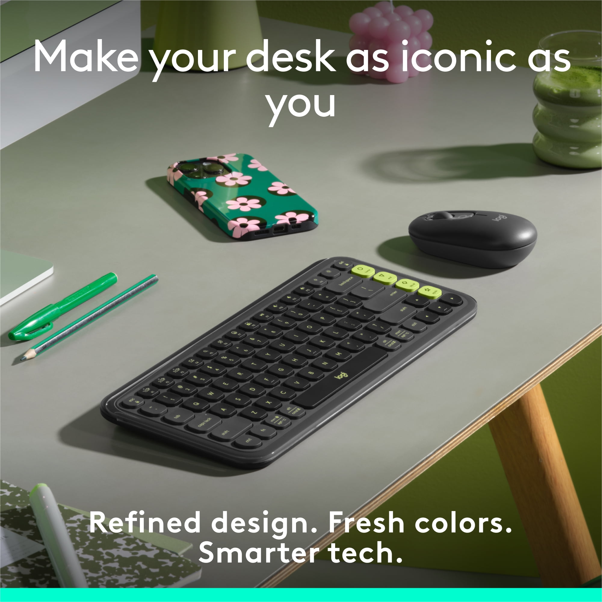 Logitech POP ICON KEYS Wireless Bluetooth Keyboard, Comfortable Typing, Programmable Keys, Easy-Switch Between up to 3 Devices (Graphite & Green) - Wireless Connectivity - Bluetooth - 32.81 ft