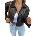 thumbnail image 4 of Women Casual Leather Jacket, Black Long Sleeve Button Open Front Lapel Coat, 4 of 9