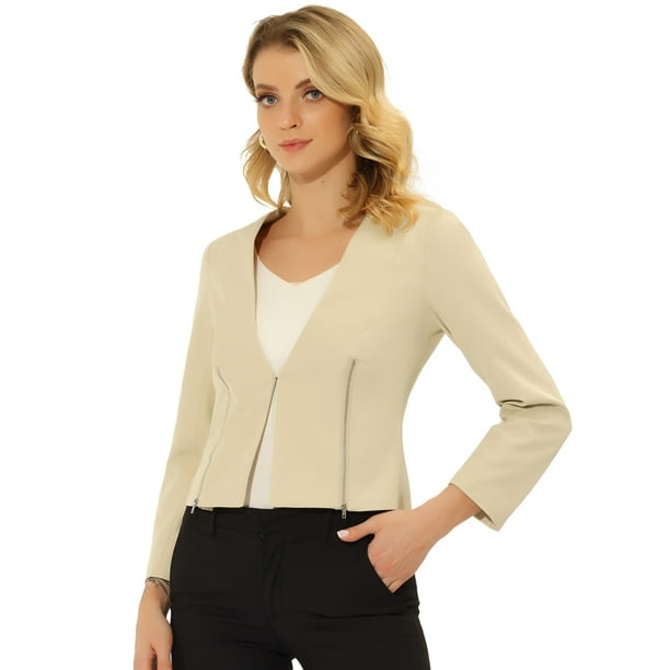 Chaqueta Allegra K Oficina de Trabajo Mujer Sin Cuello Cremallera Beige XS