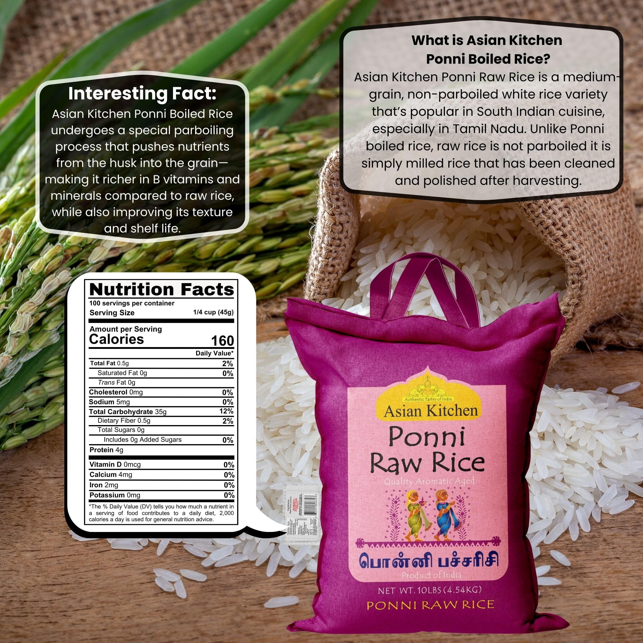 Asian Kitchen Ponni Raw Rice 10-Pound Bag, 10lbs (4.54kg) Short Grain Rice ~ All Natural | Gluten Friendly | Vegan | Indian Origin | Export Quality
