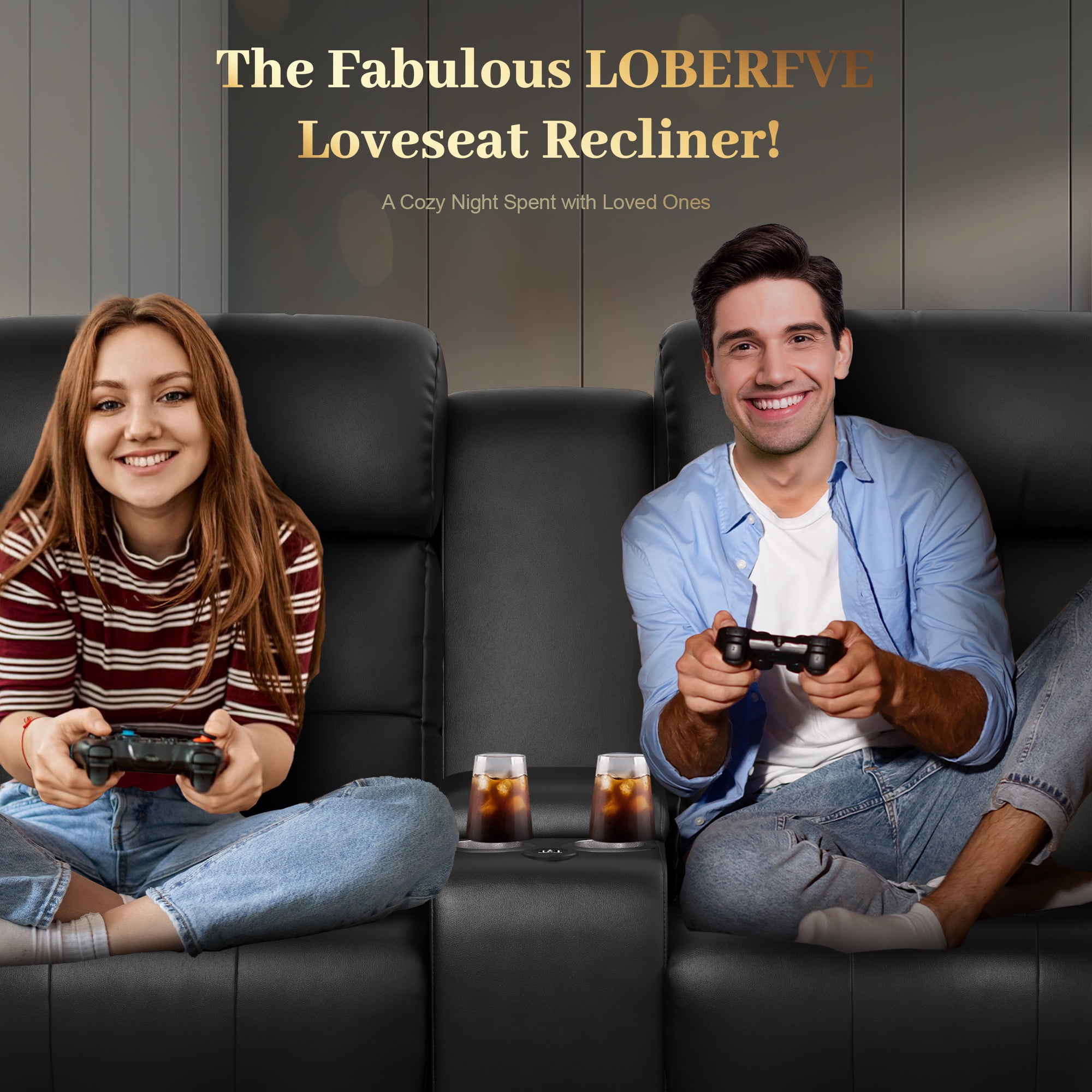 LOBERFVE Loveseat, 2 Seater Manual Recliner with Cup Holders, USB and Type-C Port, Faux Leather Recliner Chair with Massage Function for Living Room Furniture, Black