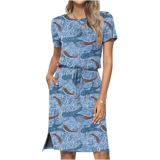 Fankiway Robe Décontractée à Manches Courtes Imprimée pour Femmes, Col Rond, avec Poches, Grande Taille, pour Femmes Rondes, Printemps 6264